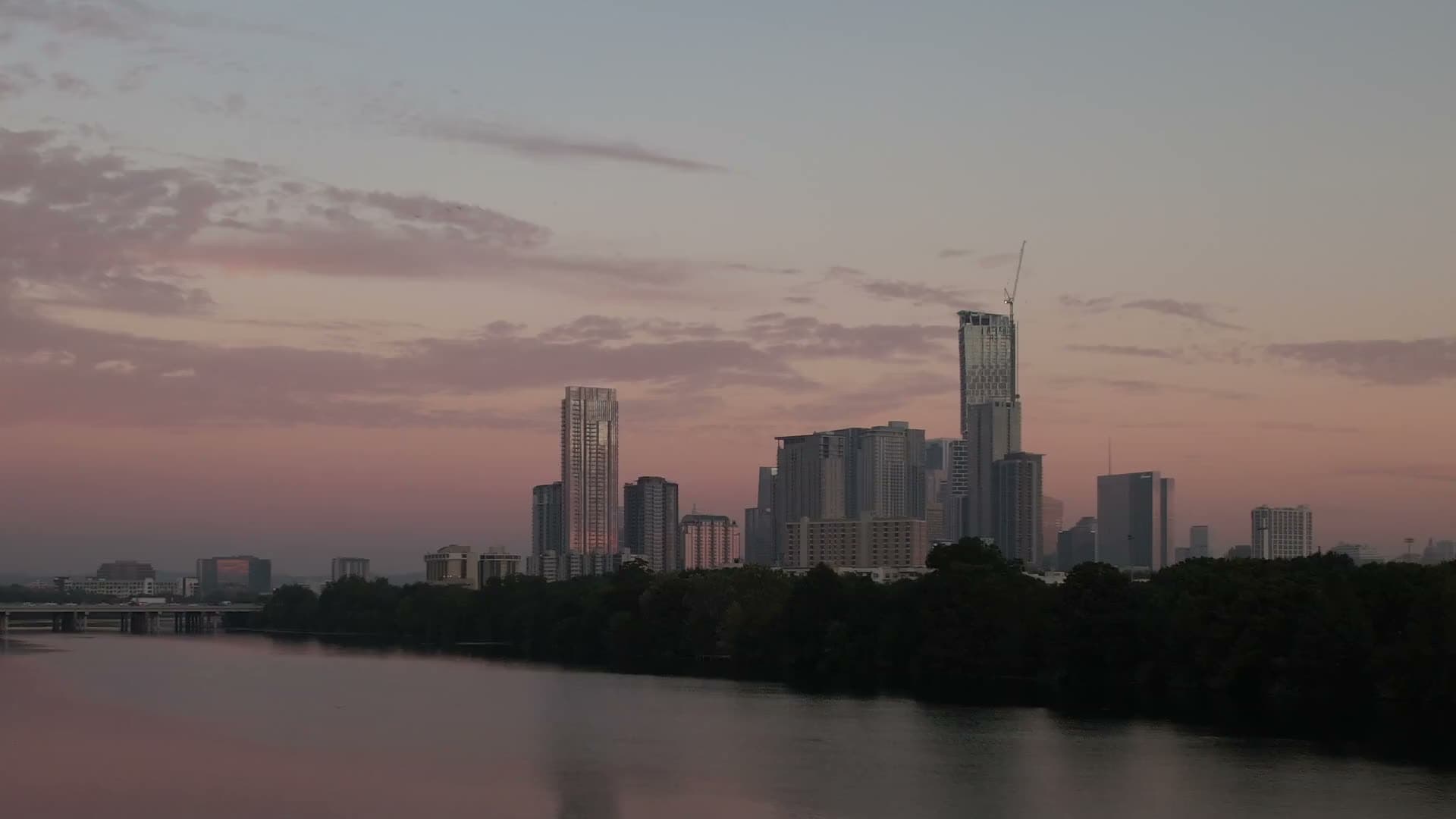 The Austin skyline at dusk over Lady Bird Lake